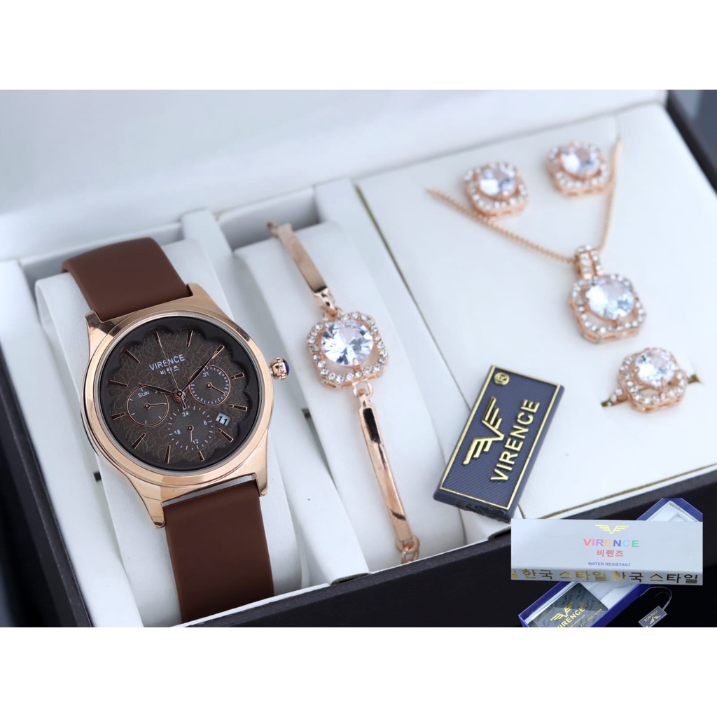 Jam tangan Wanita Strap Karet VIRENCE Tanggal Aktif Chrono Variasi Original Garansi Dan Water Resistance