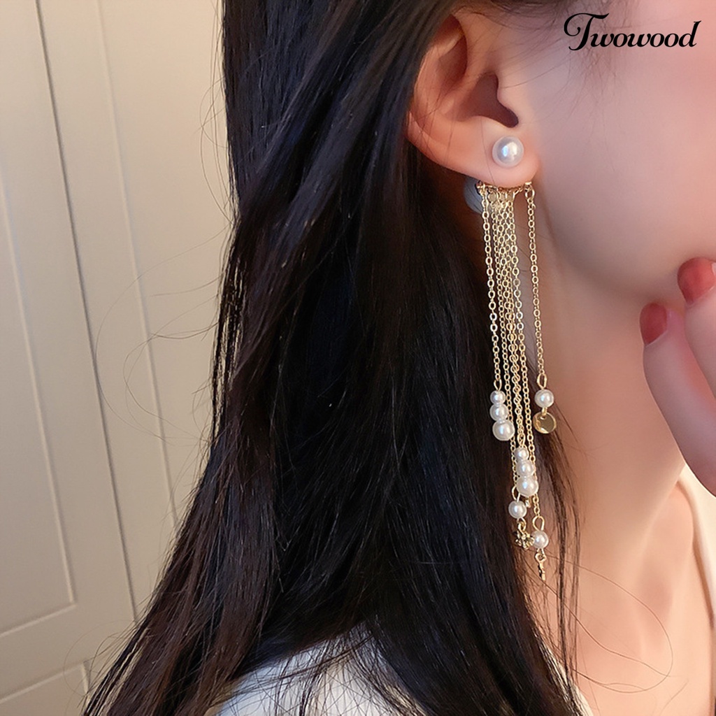 1 Pasang Anting Stud Rumbai Panjang Aksen Mutiara Tiruan Gaya Bohemian Untuk Pernikahan