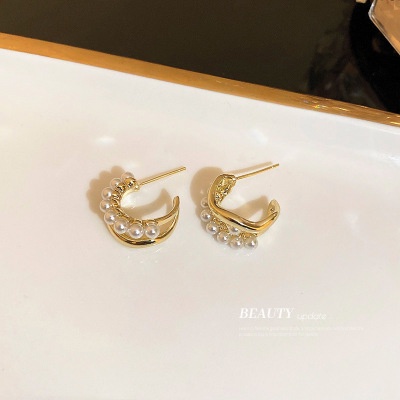 YEEZII Anting Hoop Ganda Hias Mutiara Warna Emas Gaya Elegan Untuk Wanita