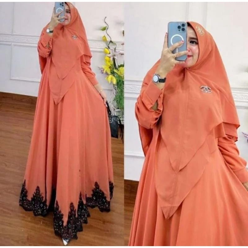 Baju Syari Terbaru 2022 Gamis Set Jilbab Rabiya Syari Khimar 2 Layer Setelan Wanita Muslim Jumbo Ceruty Babydoll Aplikasi Renda