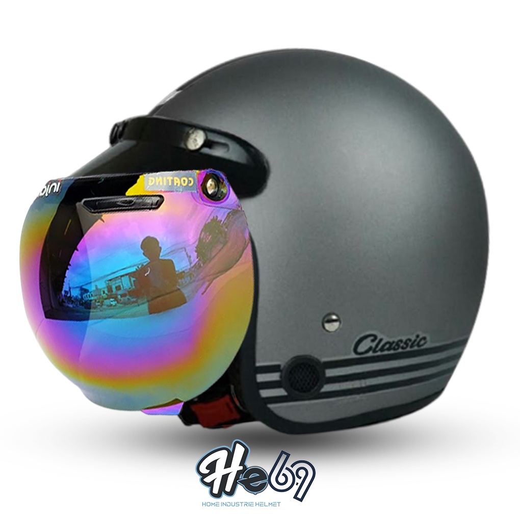 Helm Bogo Classic SNI Kaca Cembung Silver/Pelangi COD