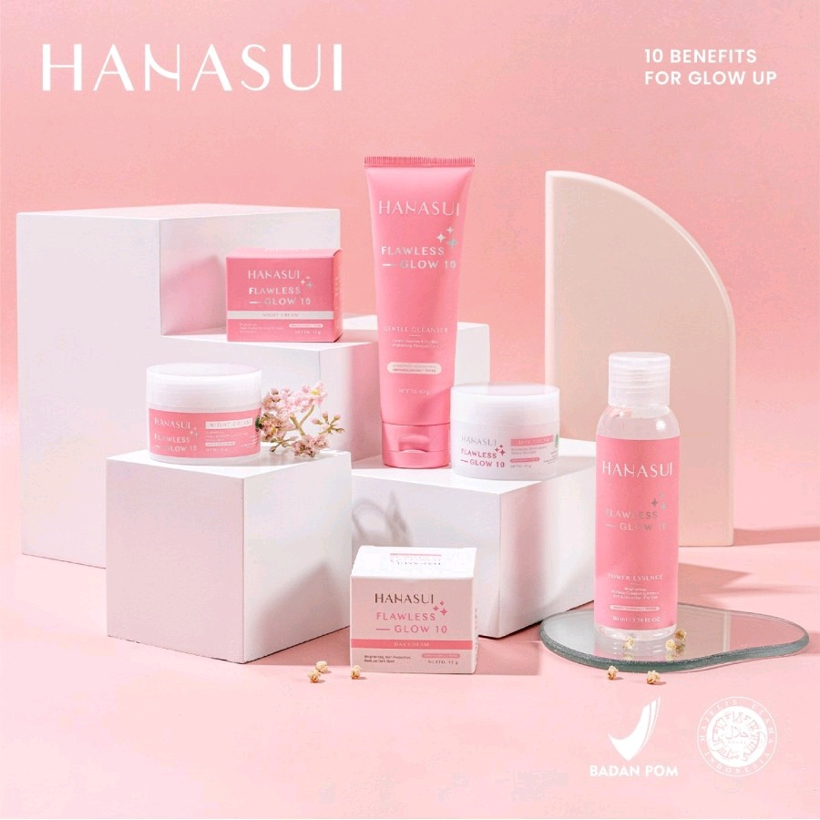 Skincare Paket Glowing Hanasui Flawless Glow / Ecer Cream siang malam toner sabun
