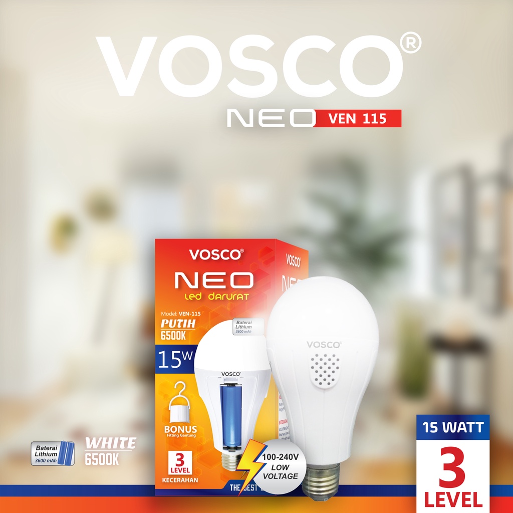 [COD] PROMO LAMPU LED EMERGENCY MURAH AC / DC MERK VOSCO 15 WATT 3 MODE TAHAN HINGGA 8 JAM! BONUS FITTING GANTUNG ON - OFF DAN BISA DI GANTI BATERAINY FREE ONGKIR