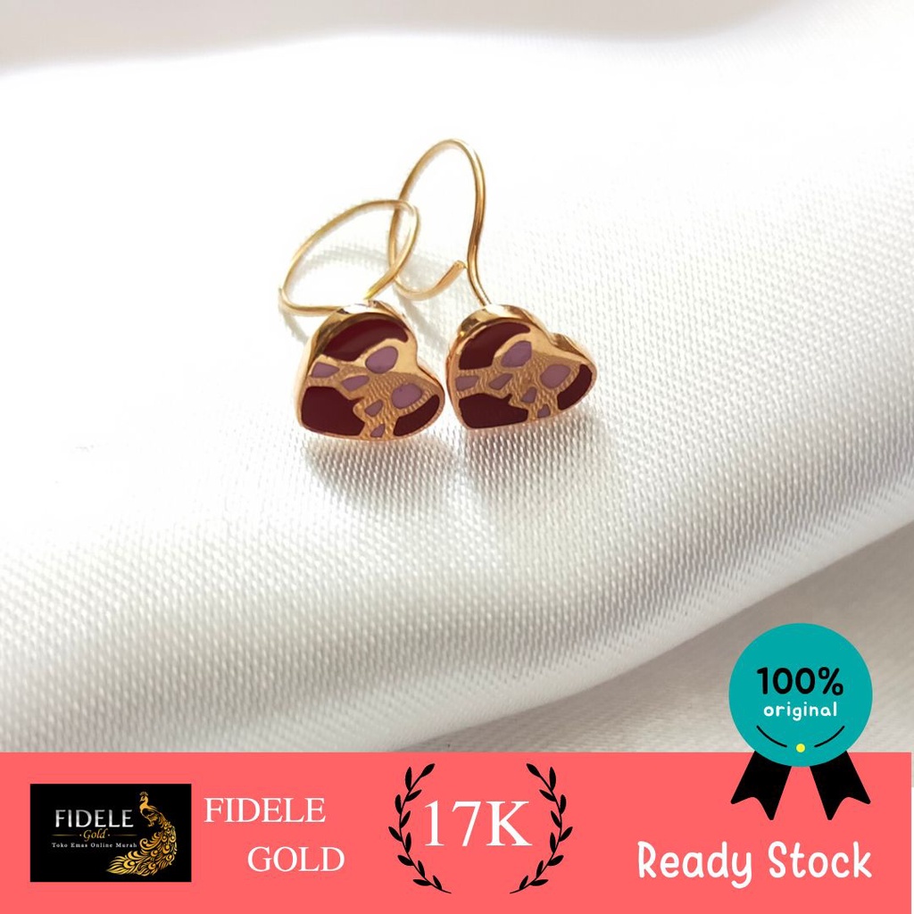 Anting Toge Hati Merah Putih  Klep Emas Tua 17k Emas Putih