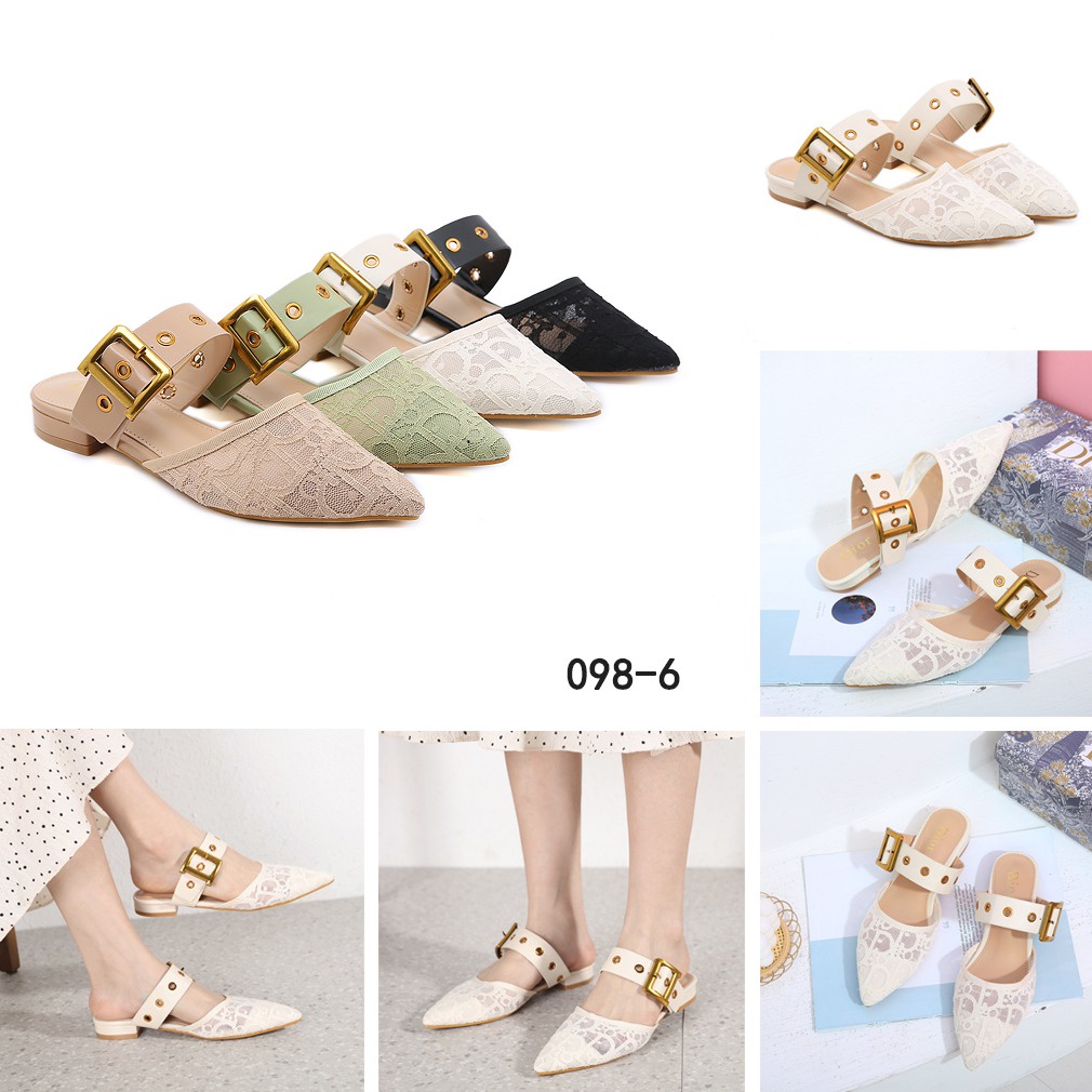 DR Mesh Pointed Toe Buckle Detail Backless Flat Mules 098-6