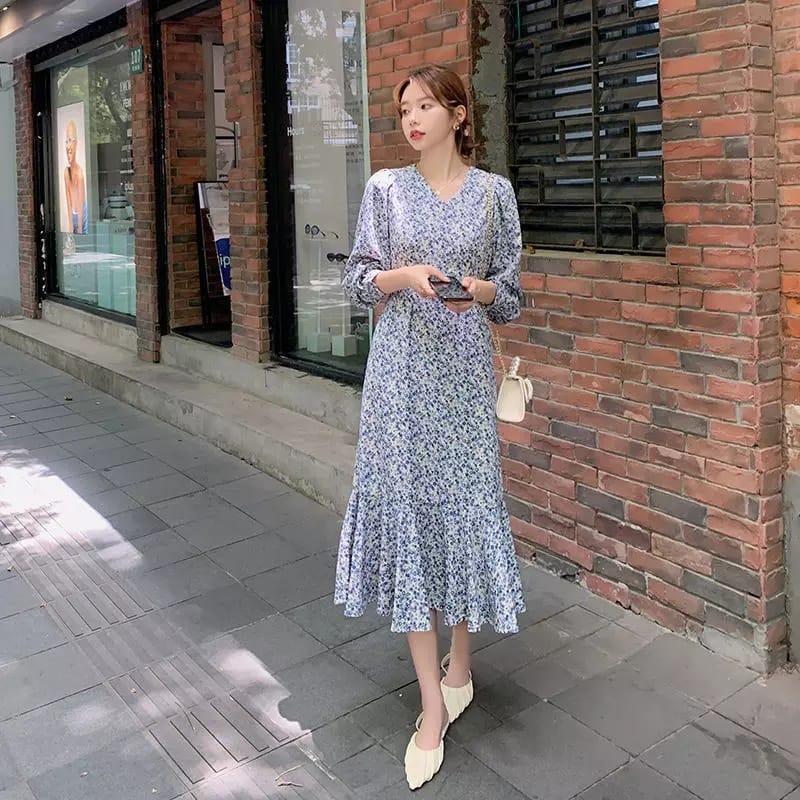 BEFAST - ZEC OOTD Dress XILA / Aimel Fishtail Maxi Dress / LongDress Wanita Keluaran Terbaru / Pakaian Wanita Kondangan/Pesta / Dress Maxy Lengan Panjang / Fashion Kekinian Remaja ABG Trendy / Dress Motif Bunga-Bunga Terlaris / Outfit Wanita