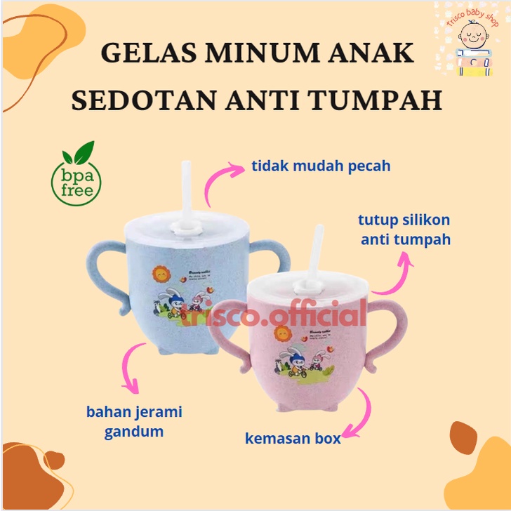 Gelas minum anak sedotan serat jerami silikon anti tumpah anti pecah