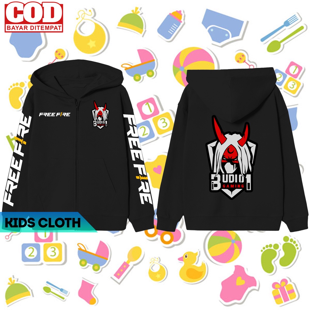 [BISA COD] Jaket Switer Anak Logo Game Freefire Terbaru Budi Gaming / Hoodie Zipper Anak Youtuber FF