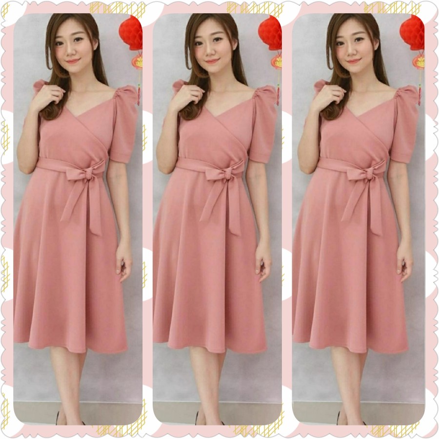 Dress Baju Natal Imlek Wanita Dress Party Zora - Mustard Dress Party Zora Bhn Scuba+Crepe Ld75-85cm