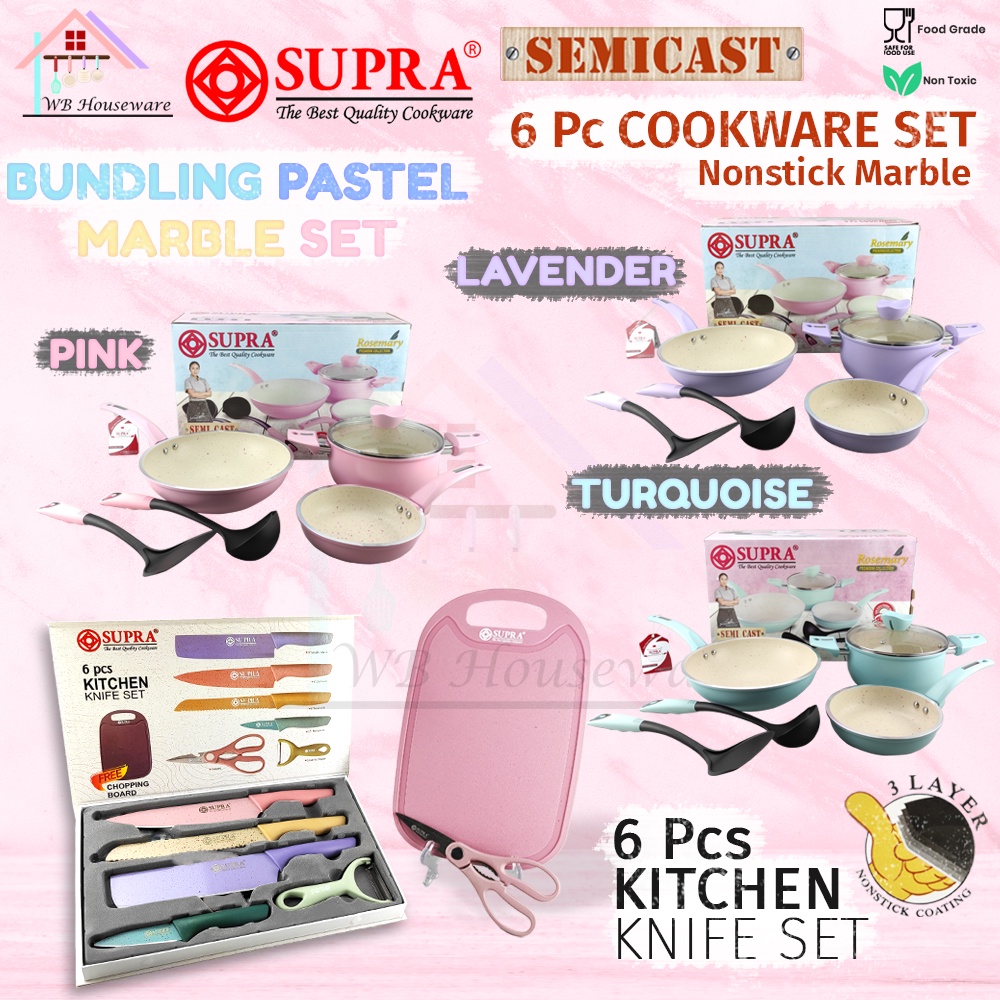 Supra 6pcs pastel white marble + 6pcs knife set stainless + cutting board / 12pcs cookware set / pan