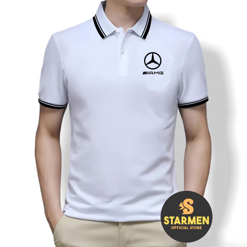 Kaos Polo Shirt Pria Kerah List Putih logo AMG