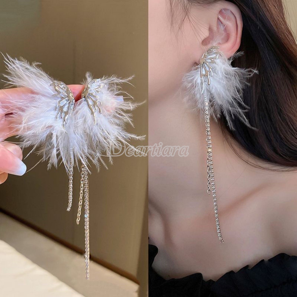 Anting Rumbai Bulu Butterfly Aksen Berlian Imitasi Untuk Wanita