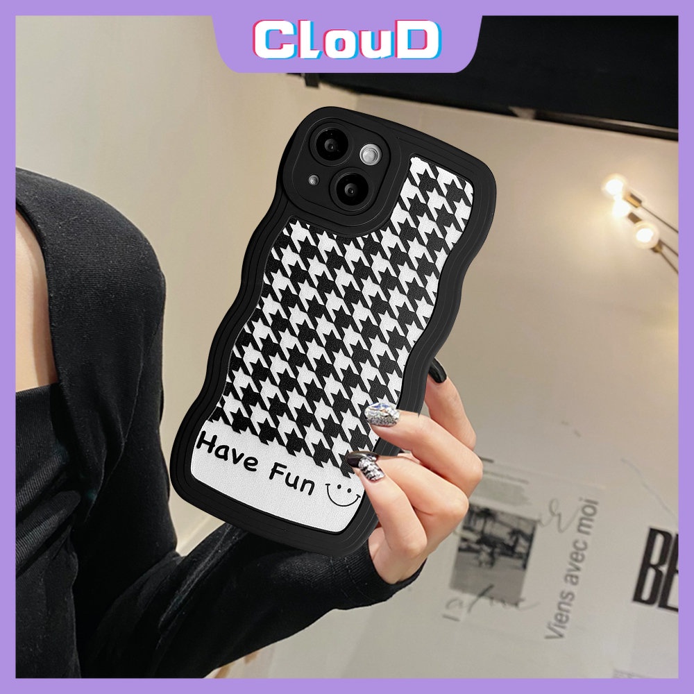 Casing Cute Smiley Soft Tpu Case Redmi Note11 11s 9pro 9s 10s 10 Note 11 10 Pro Max Plus Note8 Note9 Redmi A1 9 10 9T 10A 10C 9A 9C NFC Motif Houndstooth Wavy Edge Black Cover