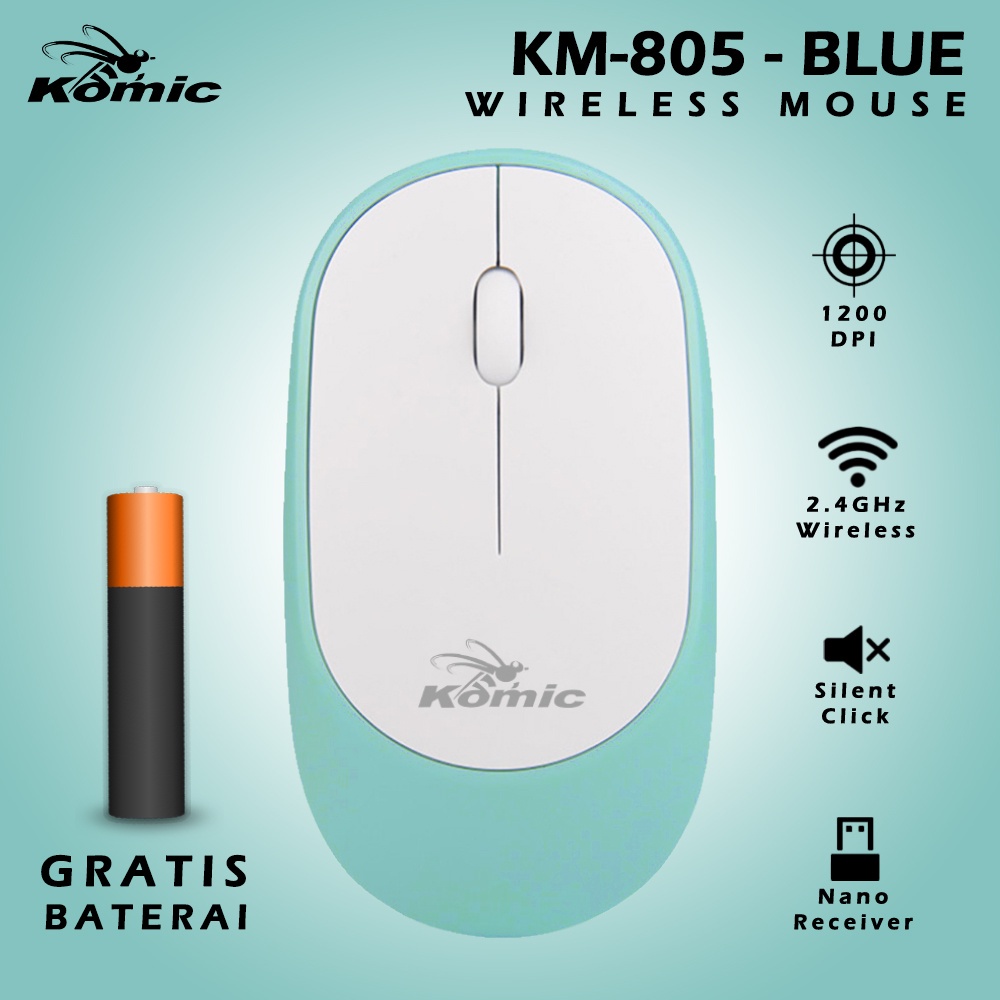Mouse Wireless Office Optical Silent Click/Klik KOMIC KM-805 Blue / Mouse Tanpa Kabel
