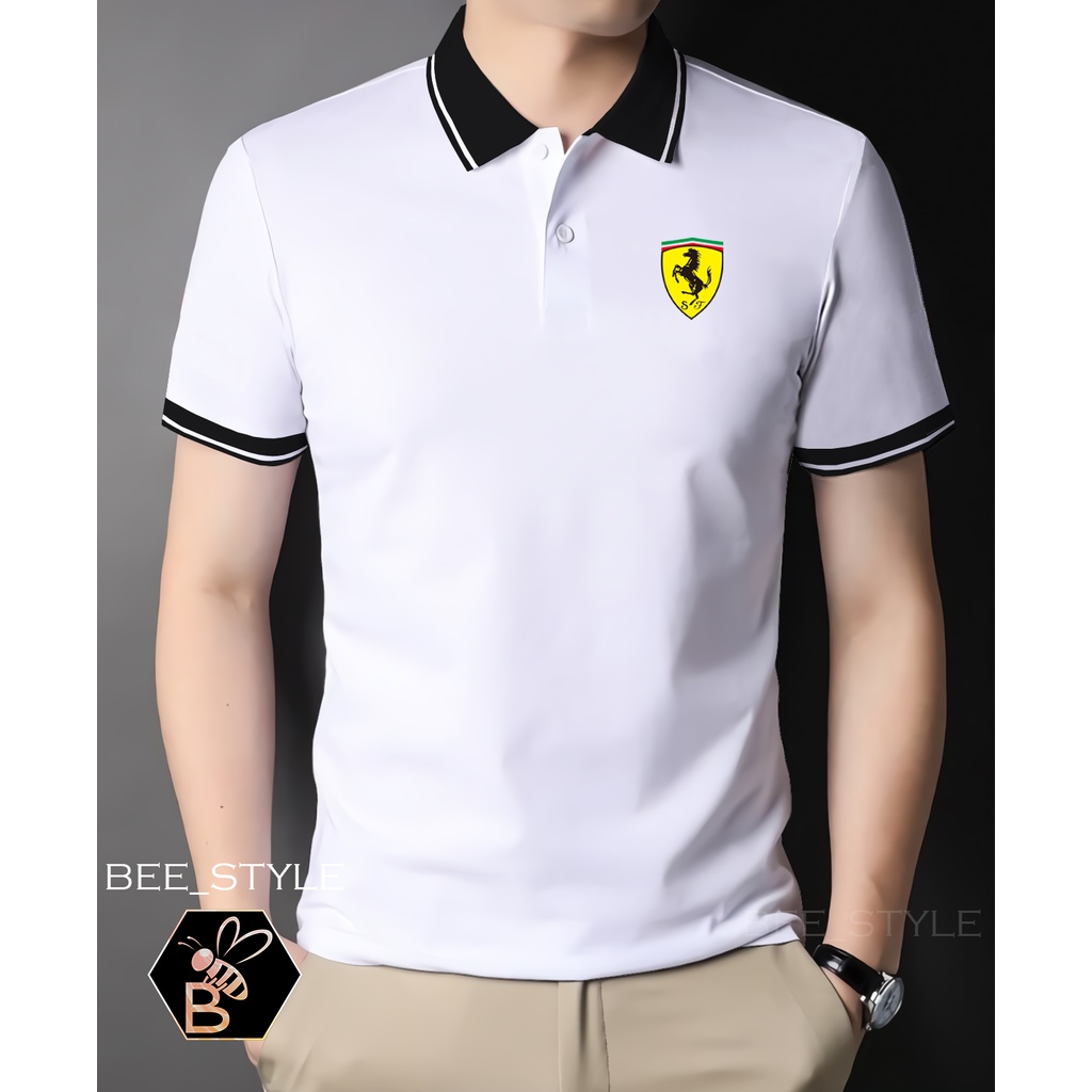 Kaos Kerah Kombi Logo Ferrari Kuning / Kaos Pria Logo Ferrari Kuning / Polo Shirt Kerah Kombi