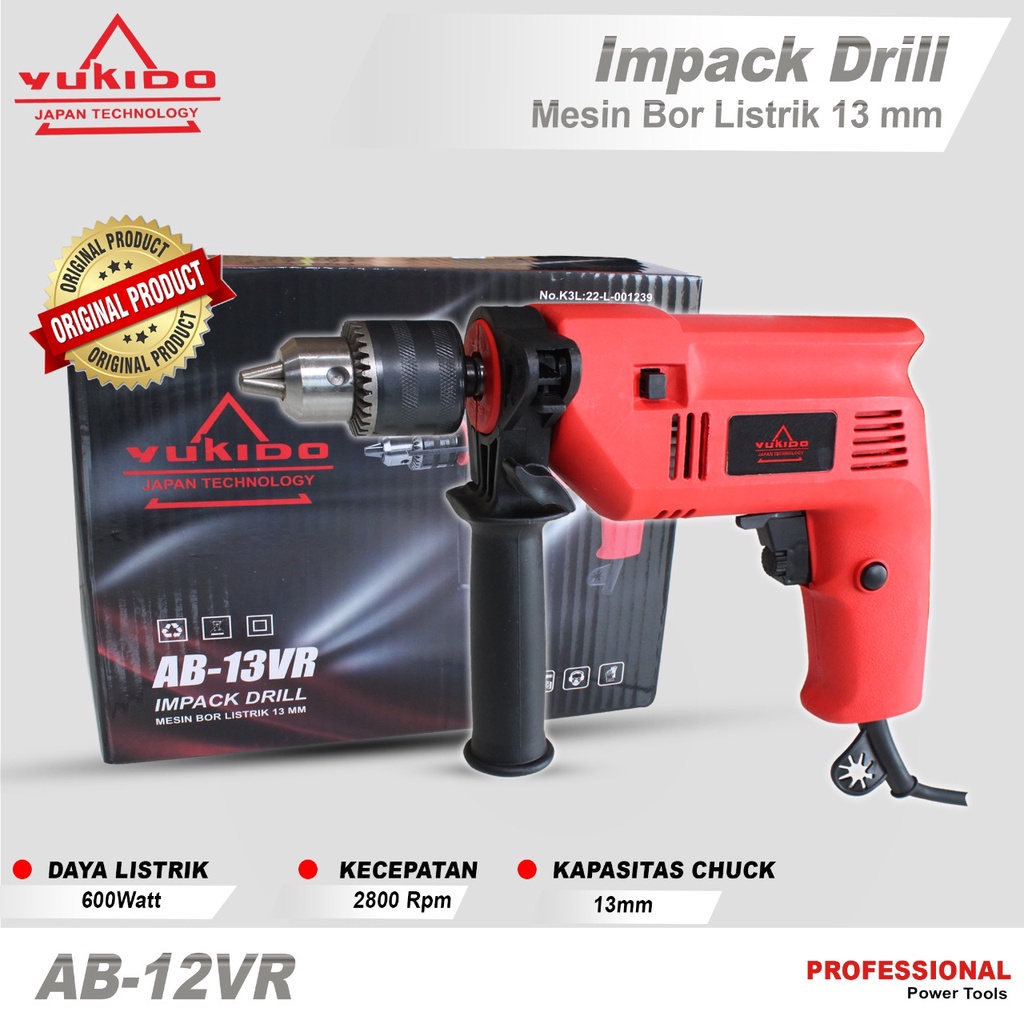 Mesin Bor Beton/Bor Tembok 13mm Variable Speed Bolak Balik Impact Drill yukido