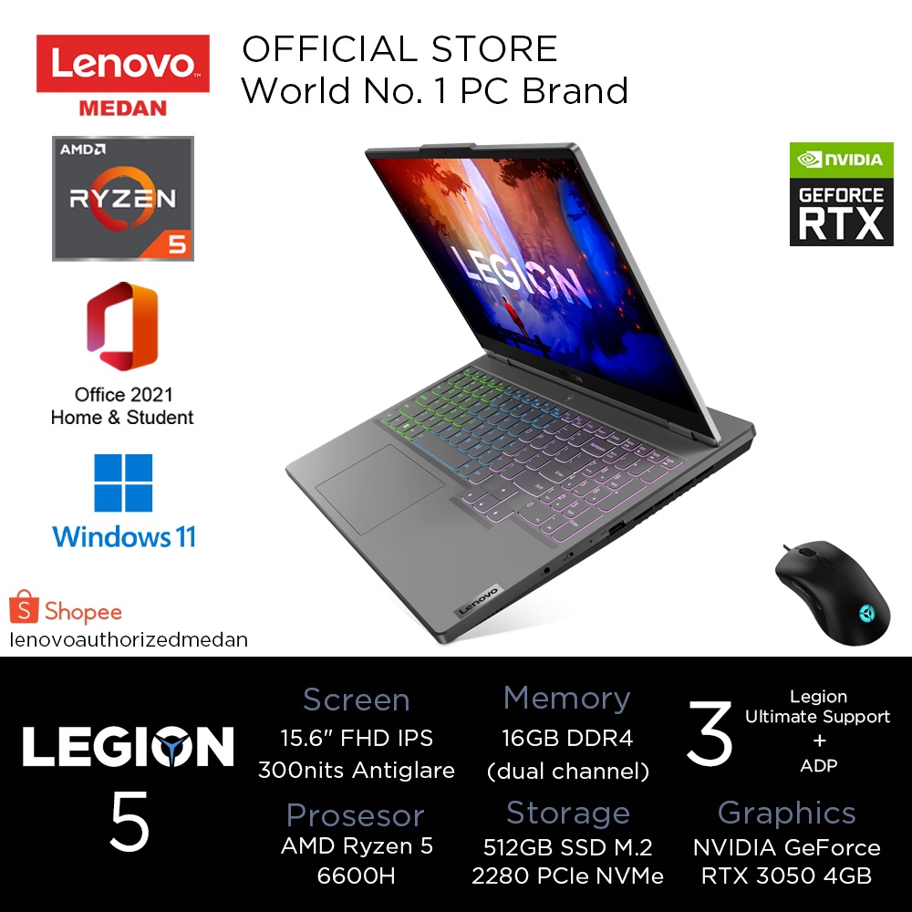 Lenovo Legion 5 15ARH7 07ID, Amd R5-6600H/16GB(2x8GB)/512GB/RTX3050 4GB/W11+OHS/4Zone RGB/StormGrey/