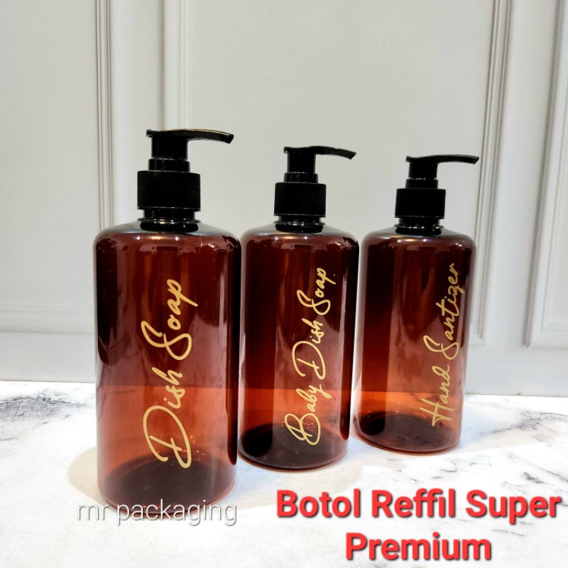 Botol 500ml Coklat Amber + STIKER LABEL PREMIUM | Botol kosong wadah isi ulang sabun shampo detergen laundry | botol pencet tekan pump refil sampo botol hitam putih amber coklat500ml n24 gold edition.  aesthetic bottle minimalist refill organizer