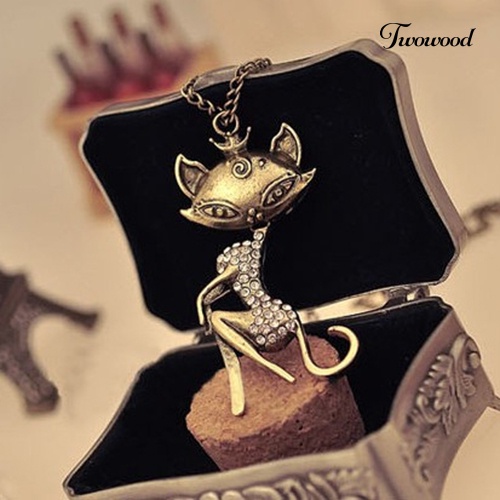 Kalung Rantai Dengan Liontin Bentuk Kucing Aksen Berlian Imitasi Gaya Vintage Untuk Wanita