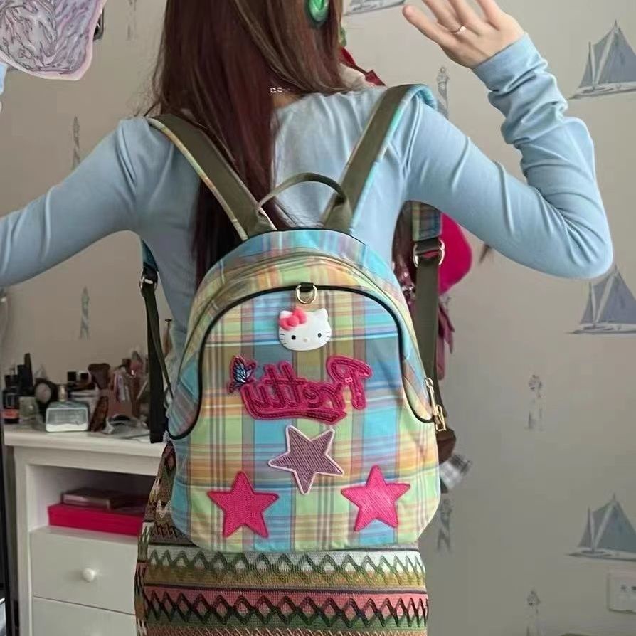 Sera kaka homemade y2k sweet hot girl star kitty cat KT student backpack classic plaid casual small schoolbag female