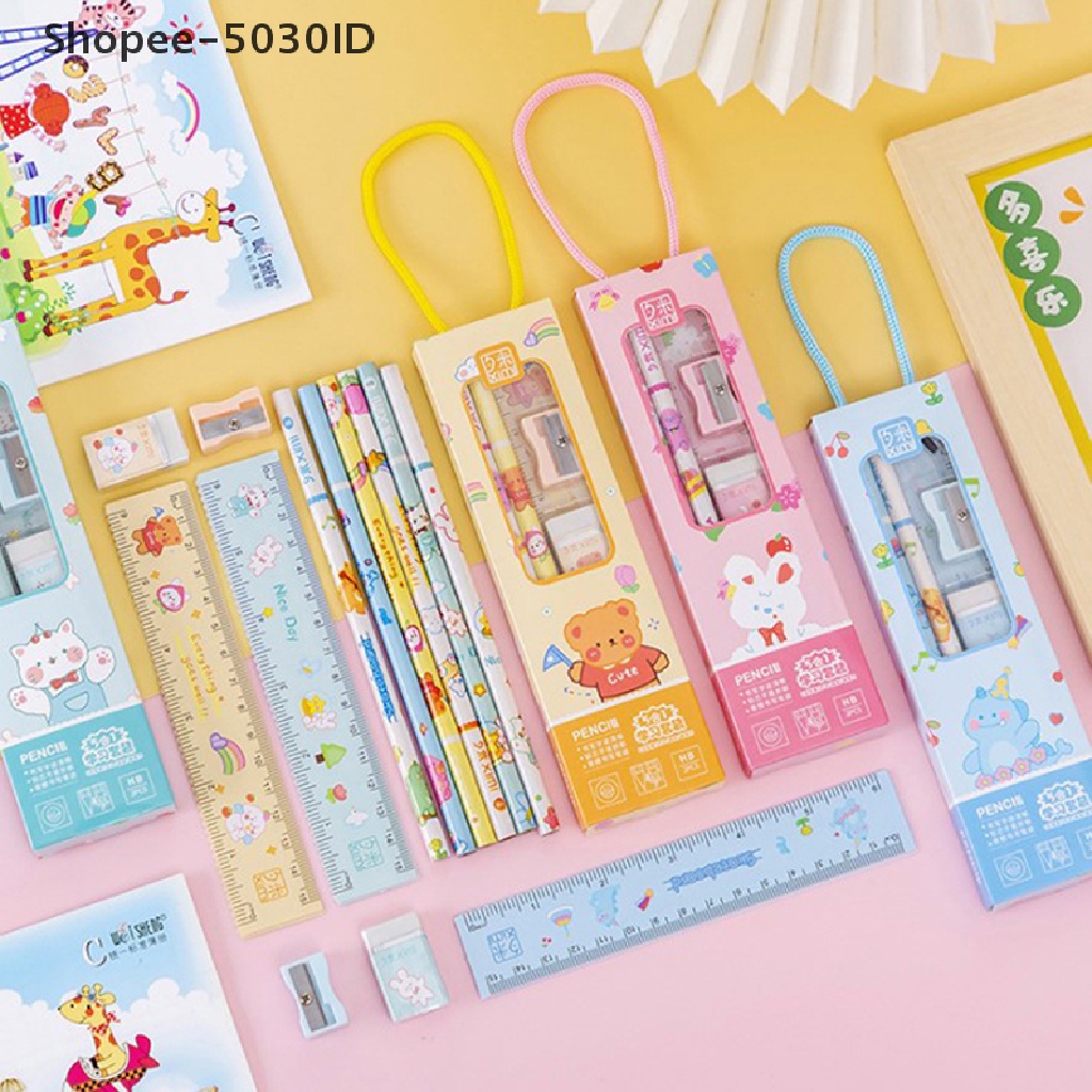 set Pensil + Penghapus + Penggaris + Rautan Motif Kartun Hewan Untuk stationery Anak / Sekolah / Hadiah