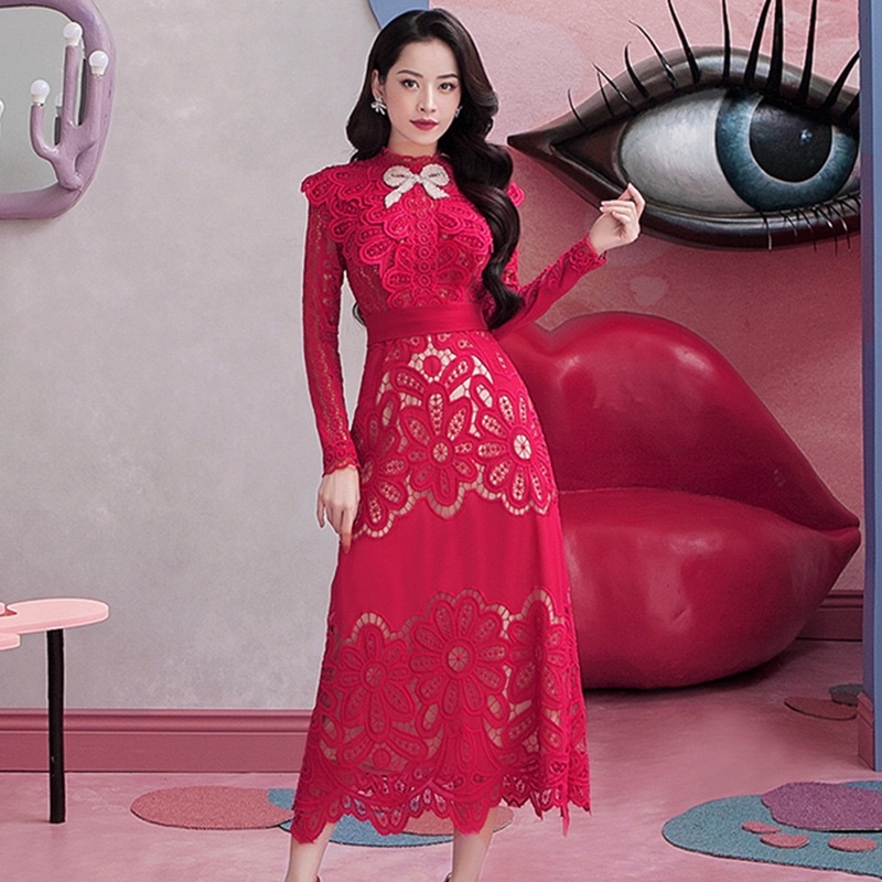 [Premium Series] Rose Pink Lace Brocade Dress Import Premium