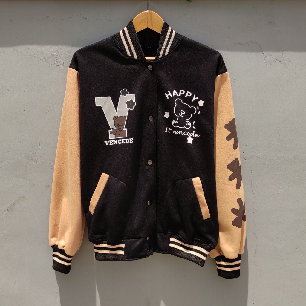 Jacket Baseball Varsity V Bear - Korean Style - Wanita Dan Pria - Bahan Fleece