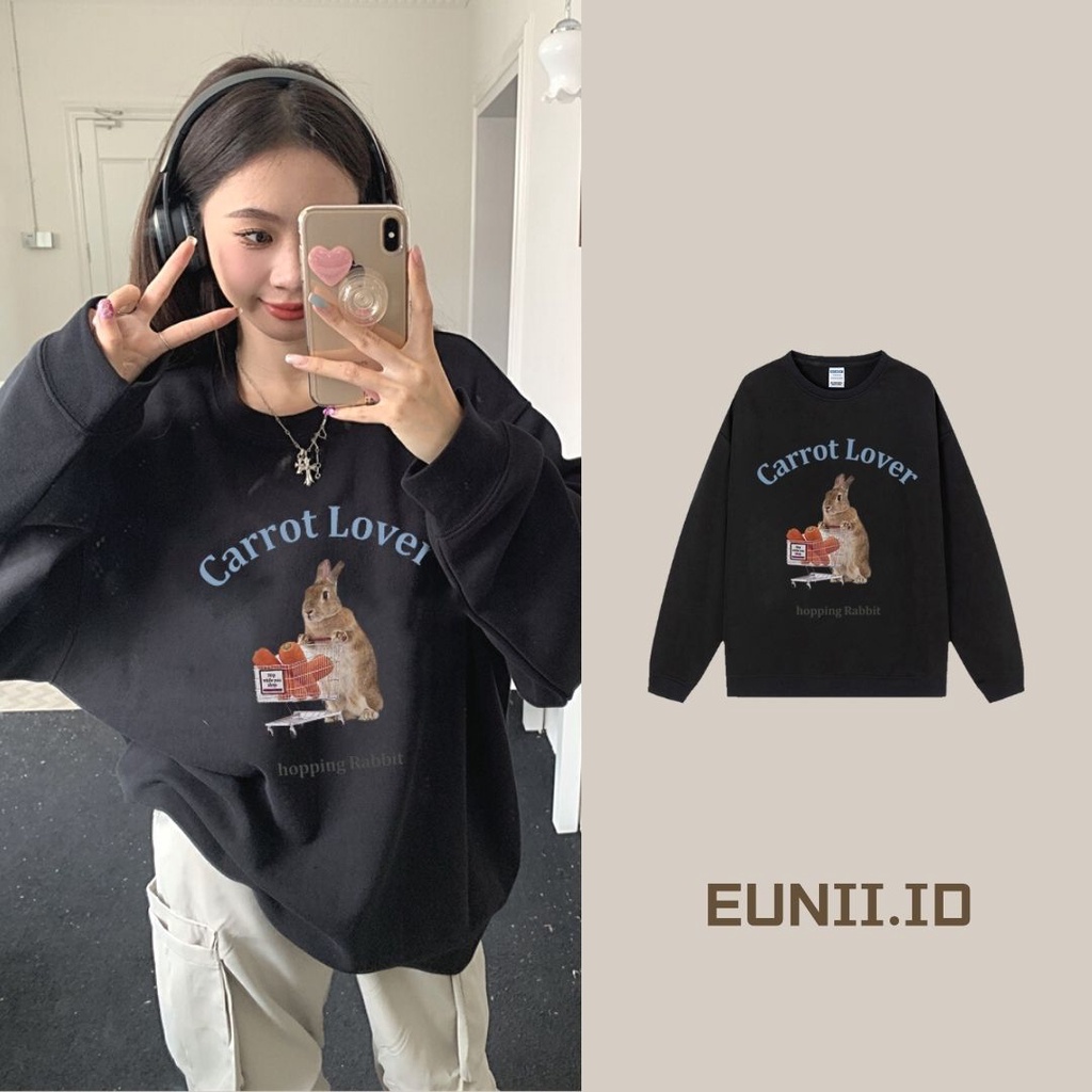 EUNII Sweater Lengan Panjang Shopping Cart Rabbit Korean Style/Hoodie Oversize/Baju Wanita/Switer Wanita