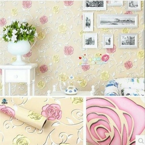 Wallpaper Dinding Motif BUNGA MAWAR PINK KUNING 10m x 45cm