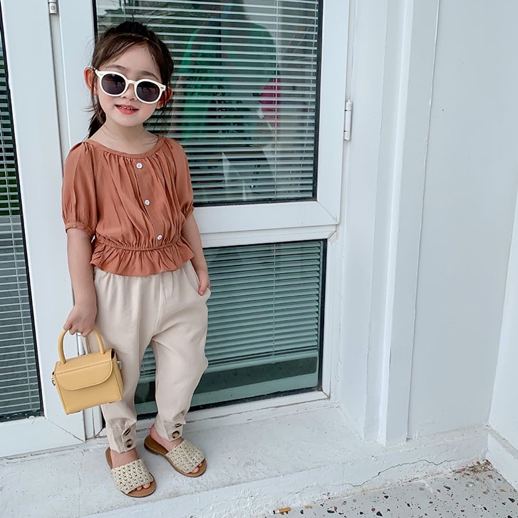 SSP23-Setelan Set Anak Perempuan Korea Top Crop + Cotton Pants