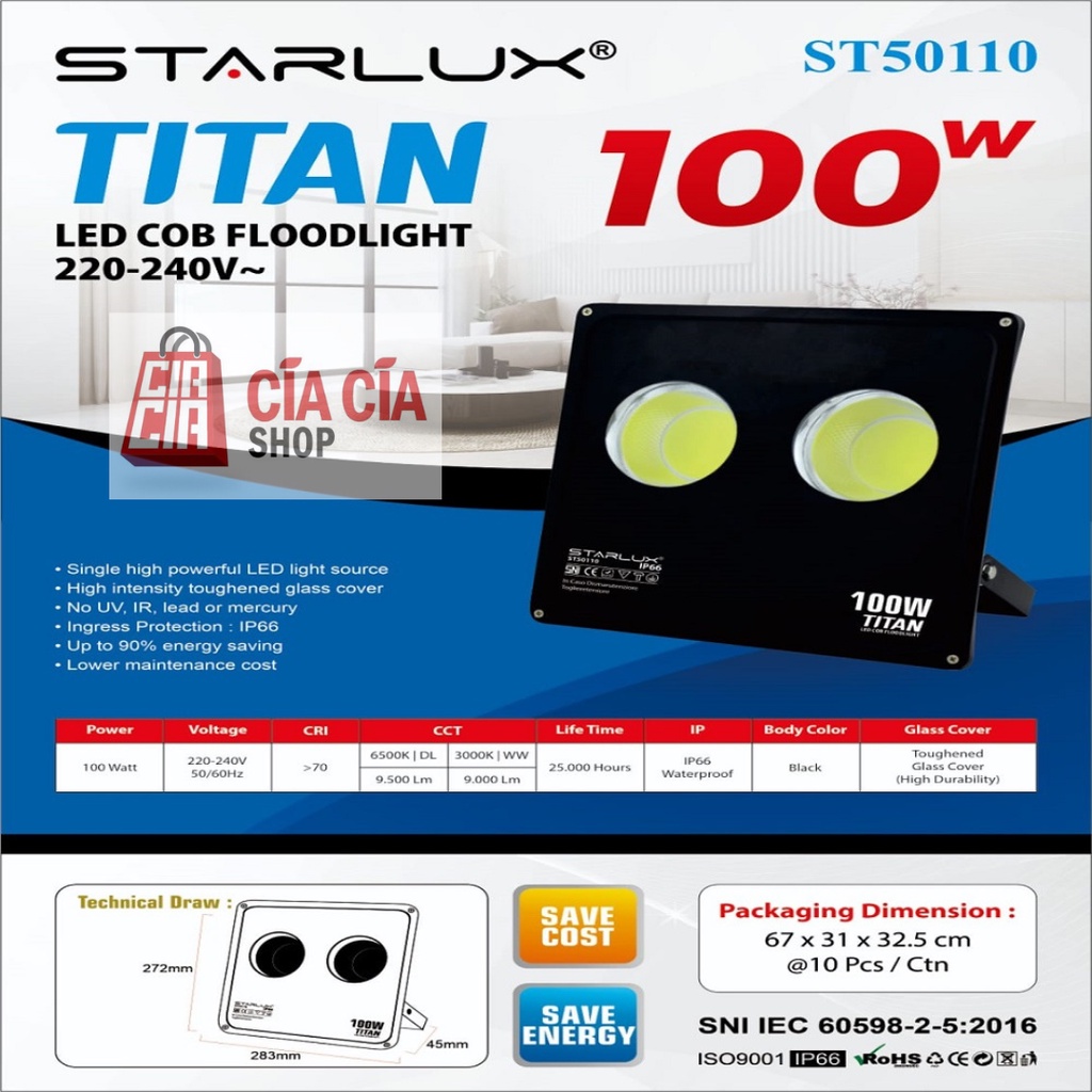 STARLUX Lampu Tembak Led COB 100W Floodlight COB 100 Watt Lampu Sorot COB 100 W