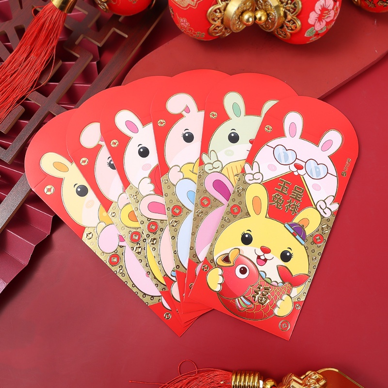 6pcs / Set Amplop Angpao Motif Kelinci Warna Merah Untuk Tahun Baru Imlek