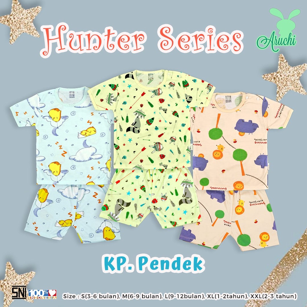 ARUCHI STELAN PIYAMA BAYI PENDEK MOTIF HUNTER SIZE SML XL XXL (3-36 BULAN)