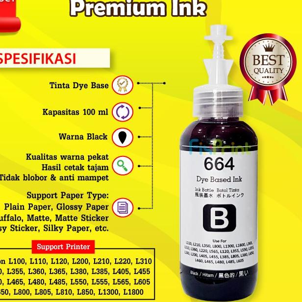 TINTA 664 T664 REFILL PRINTER EPSON BLACK COLOR L120 L350 L565 L555 - TINTA ORIGINAL, Hitam