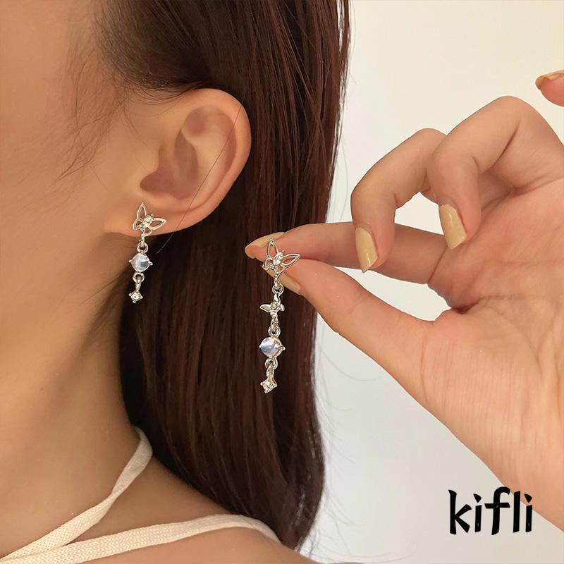 【kifli】Anting Tusuk Gantung Asimetris Silver S925 Desain Kupu-Kupu Rumbai Panjang Gaya Korea Untuk Wanita