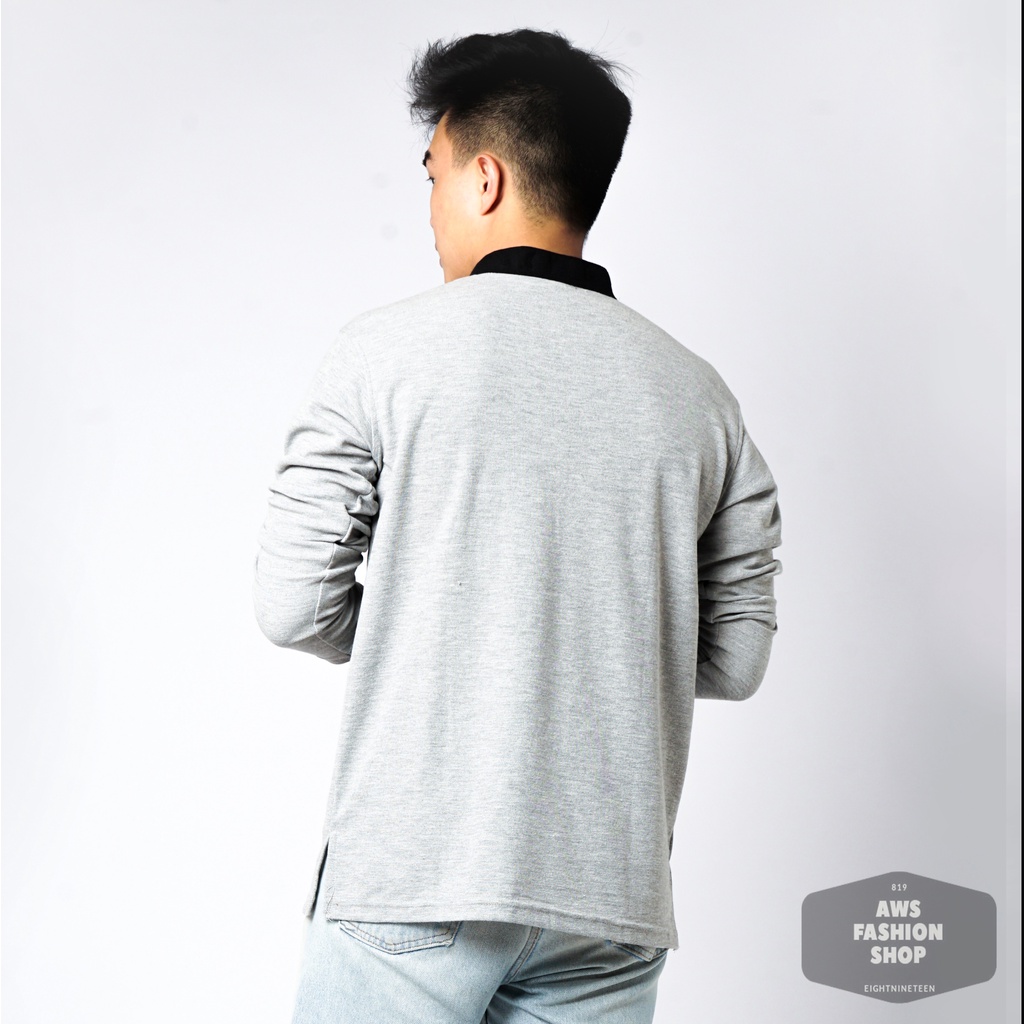 819 Kaos Polo Pria Polo Shirt Kerah Shanghai Lengan Panjang Warna Abu Muda Misty Soft Grey Casual Tersedia Ready Sampai Size JUMBO BIG SIZE XXL XXXL