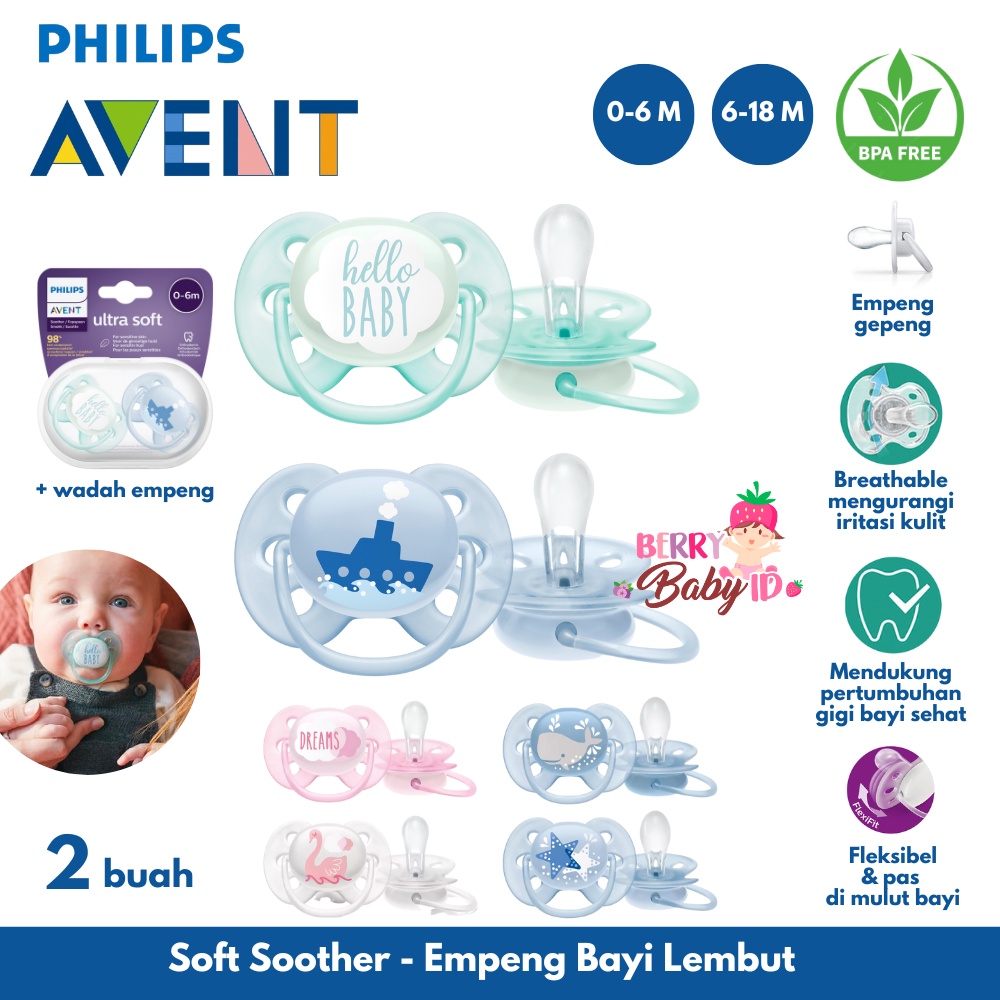 Philips Avent Soft Soother Twin Pack 2 Pc Empeng Bayi 0-6m 6-18m Berry Mart