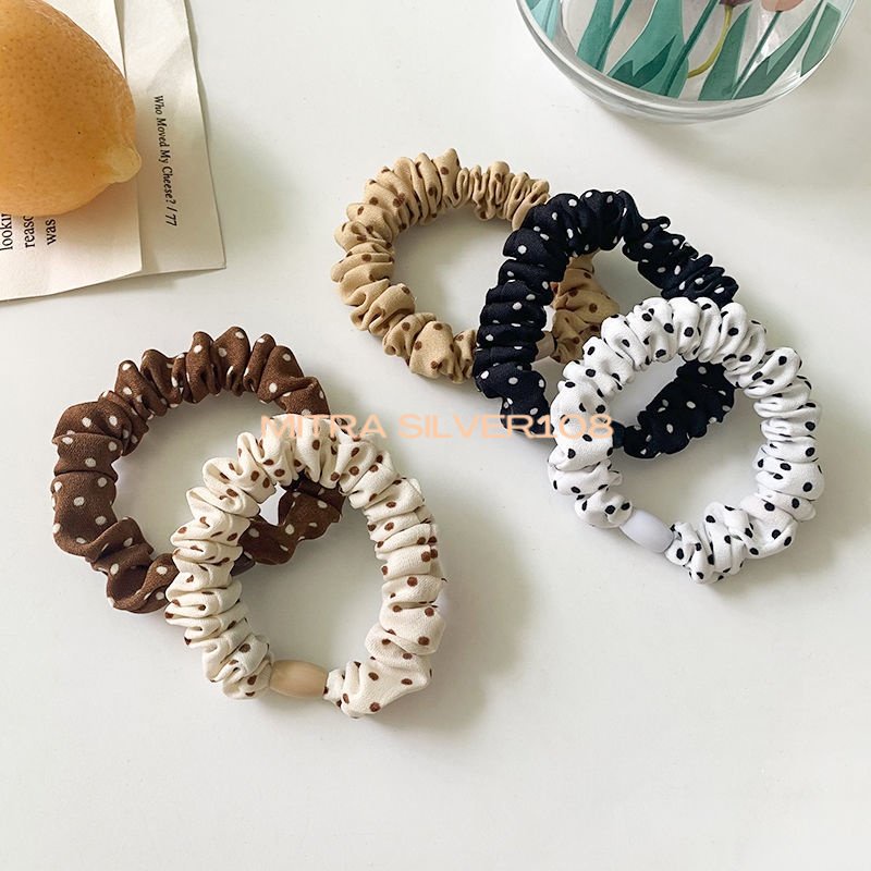 [MS108] KCR 04 - Ikat Rambut Motif Polkadot (per 1 PCS/Satuan) / Scrunchie Kekinian / Karet Rambut Aksesoris / Cepol Rambut / Ikat Rambut Gulungan Handuk Satin Sutra Nyaman Dan Elastis Impor Murah / Fashion Korea