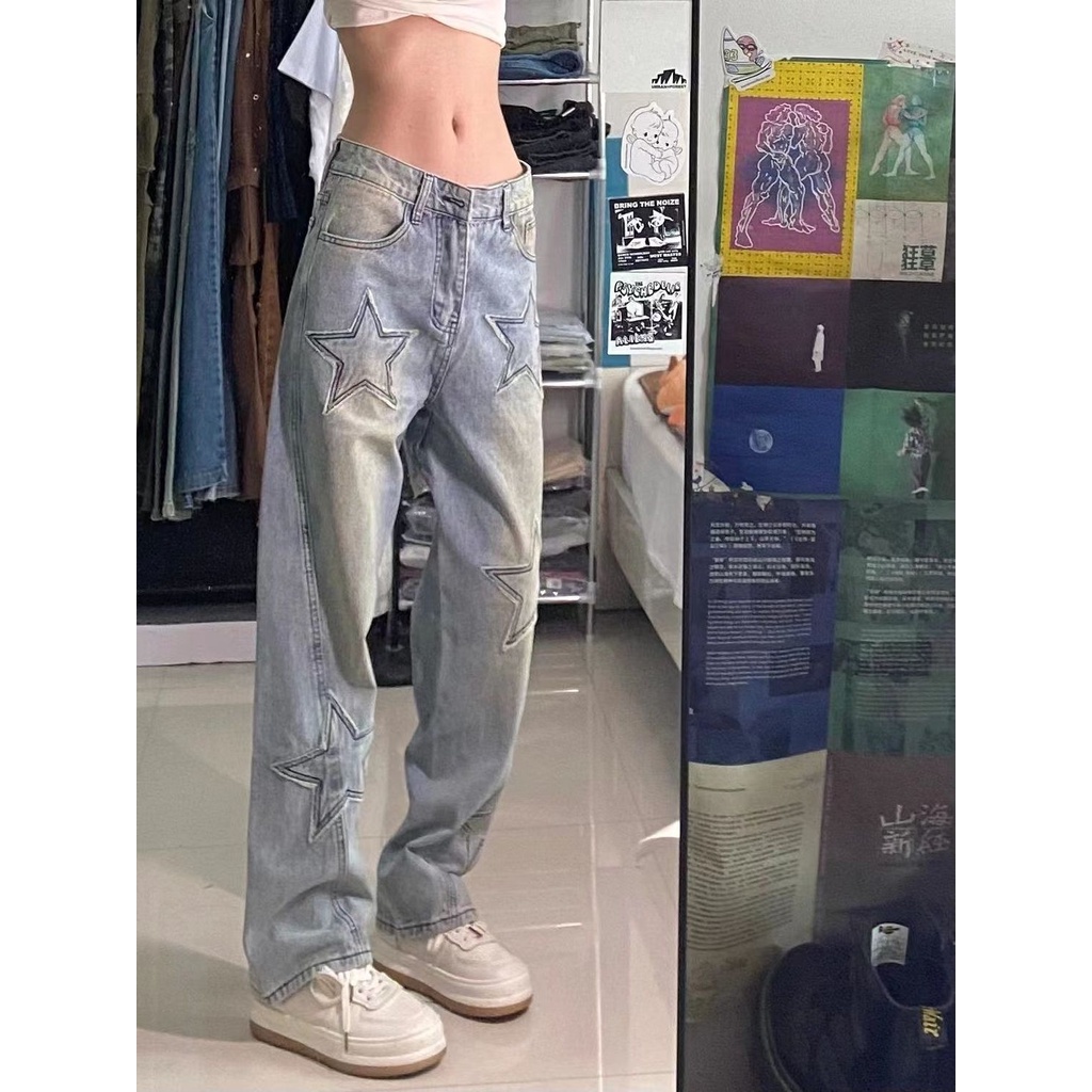 Suhao Amerika INS High Street Star Patch Bordir Jeans Wanita Musim Gugur Pinggang Tinggi Retro Dicuci Longgar Lebar Kaki celana