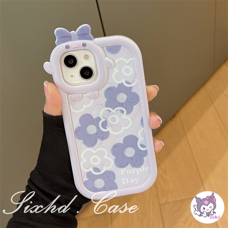 Compatible For iPhone 14 13 12 11 Pro Max SE 2020 X Xr Xs Max 8 7 Plus 3D Small Monster Case Ins Fashion Purple Flower Phone Case Anti-drop TPU Soft Protective Cover