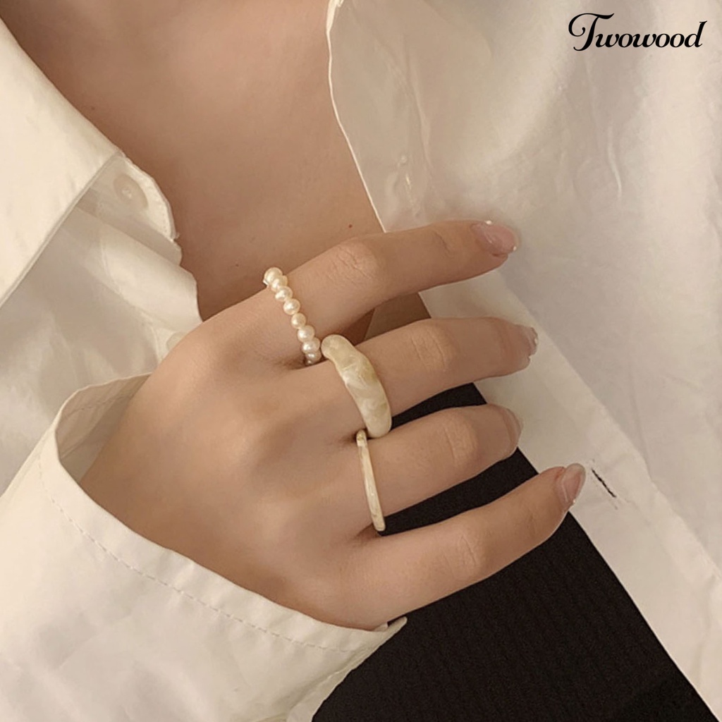 3pcs / Set Cincin Jari Transparan Aksen Mutiara Imitasi Gaya Simple Untuk Wanita