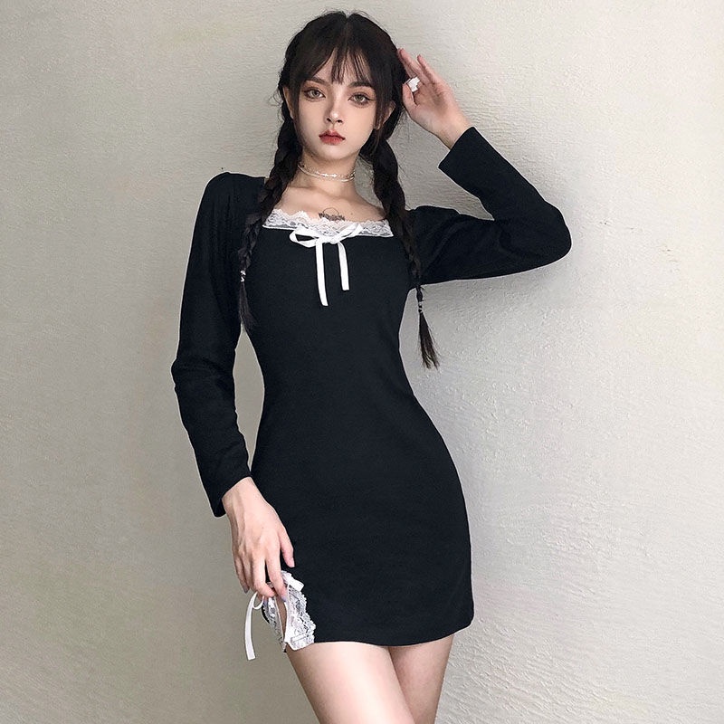 Red Perancis gadis renda gaun wanita splicing kerah persegi celah rok lengan panjang pinggul rok rok bottoming gaun hitam kecil