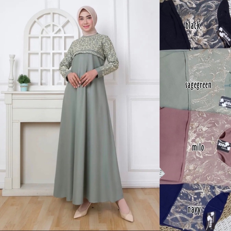 Gamis Brukat kombi polos | Dress Brokat tile mix polos mayung warna kalem Gamis pesta hijau sage sag