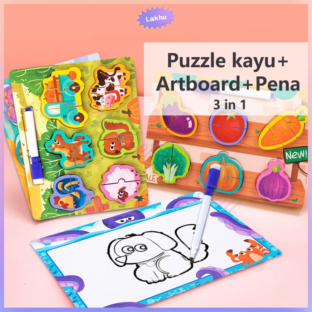 Lakhu 2 in 1 Mainan Edukasi Puzzle Kayu drawing board anak /puzzle kayu hewan Pencocokan Puzzle