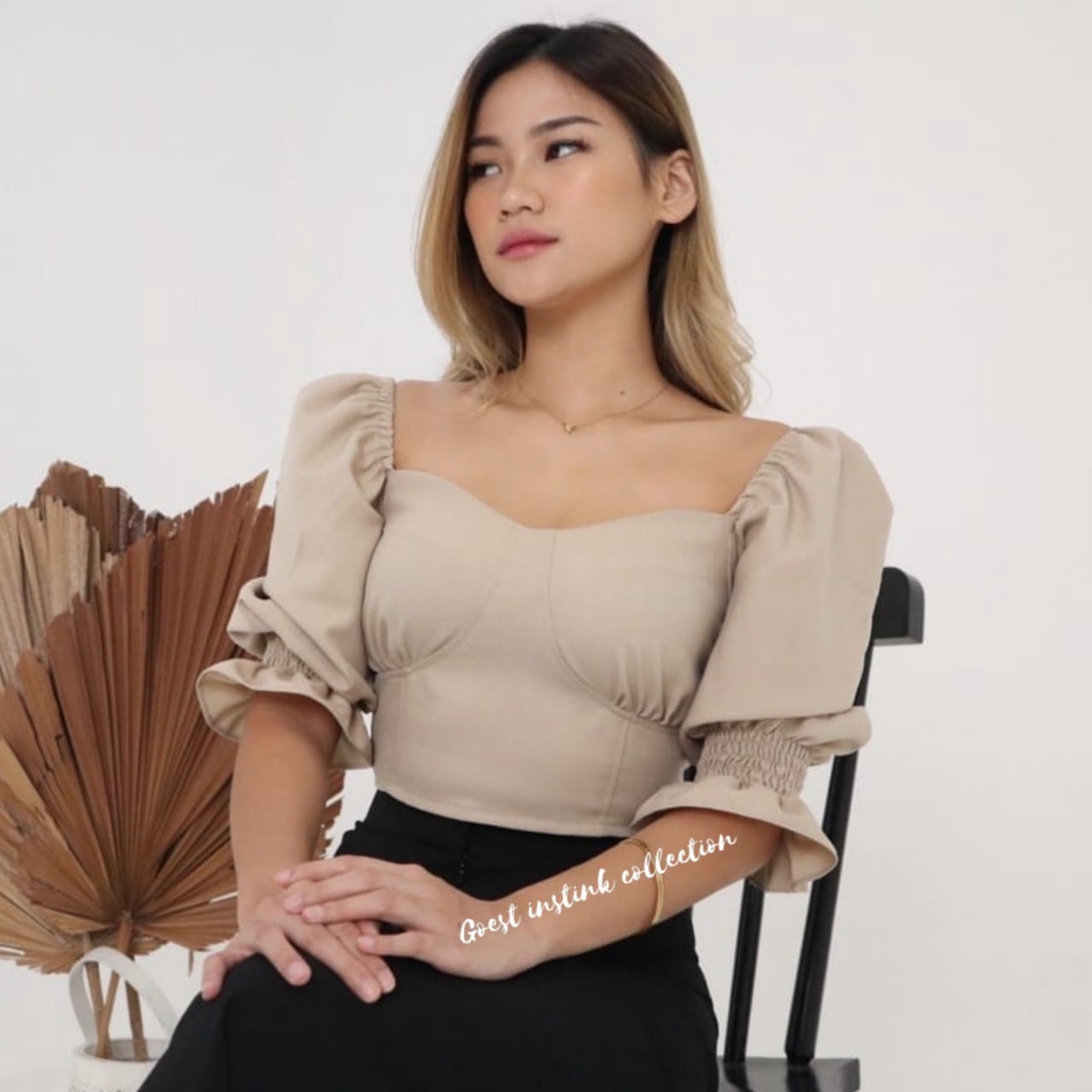 Crop Top Elly Blouse Sabrina Kerut Lengan PendekBaju Size Jumbo