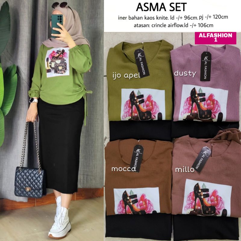 Asma Set Ori Al Fashion Setelan Skirt Rok Kaos Knite Atasan Crinkle Airflow
