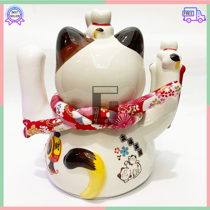 Patung Pajangan Boneka Dekorasi Hiasan Kucing Bawa Panggil Rejeki Rezeki Hoki Maneki Neko Maneko Neki ManekiNeko Lucky Cat Keberuntungan Keramik Tangan Goyang Gerak Meja Kasir Toko Restaurant Cina China Jepang Korea XL Jumbo Besar Listrik Baterai Batrai