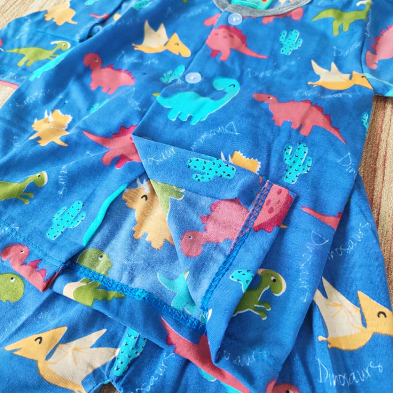 SNI MUNGIL - Piyama tidur katun baju celana panjang anak bayi kancing depan dinosaurus velvet