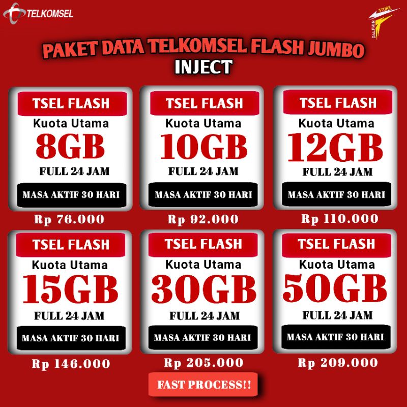 PAKET INTERNET TELKOMSEL FLASH JUMBO (8-50Gb) FULL 24 JAM