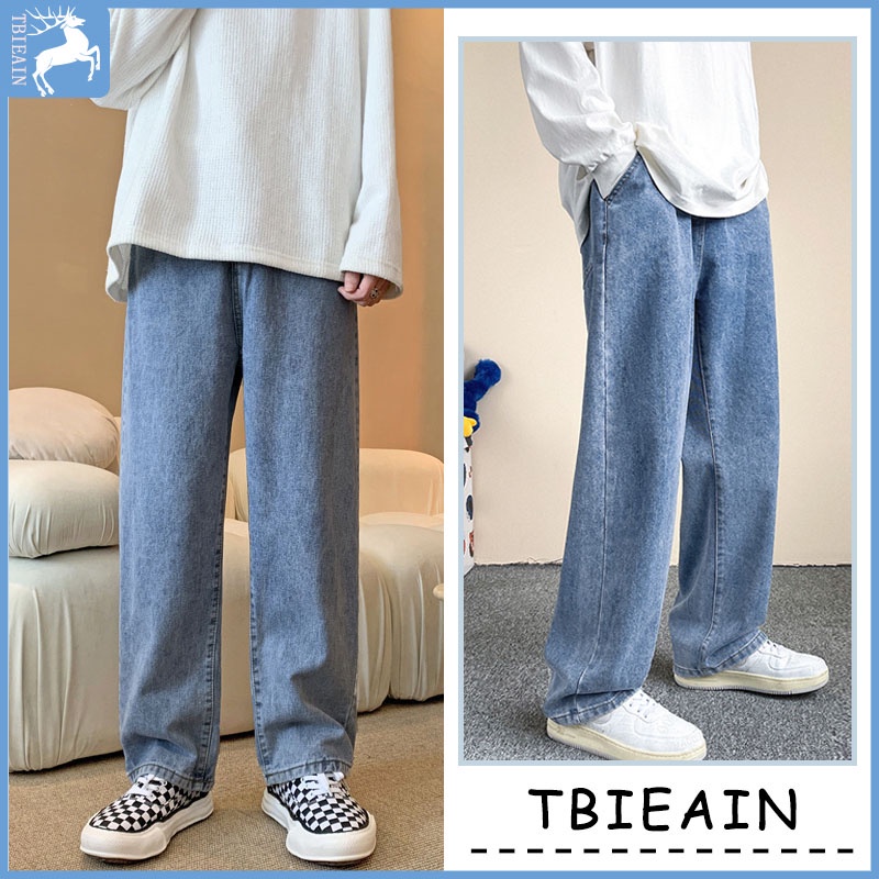 Korean style celana kekinian baggy jeans pria Celana panjang hitam jeans celana lurus cowok jeans wide leg pants celana gombrong pria